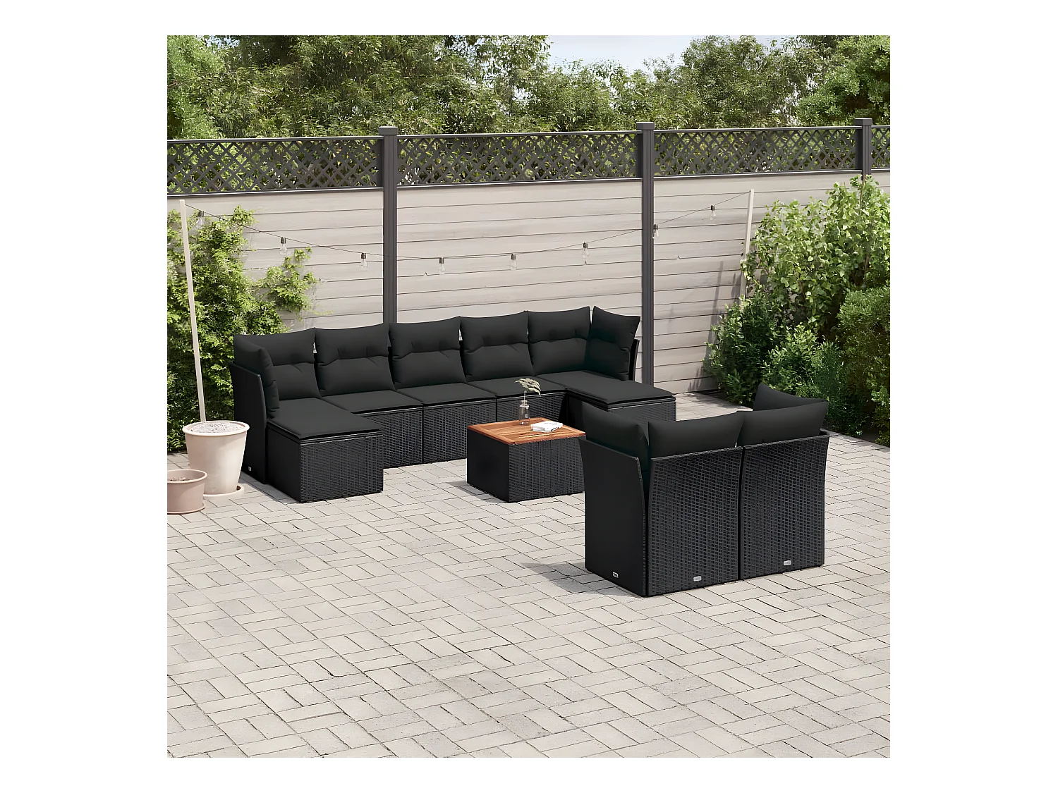 Salon de jardin 10 pcs avec coussins noir résine tressée