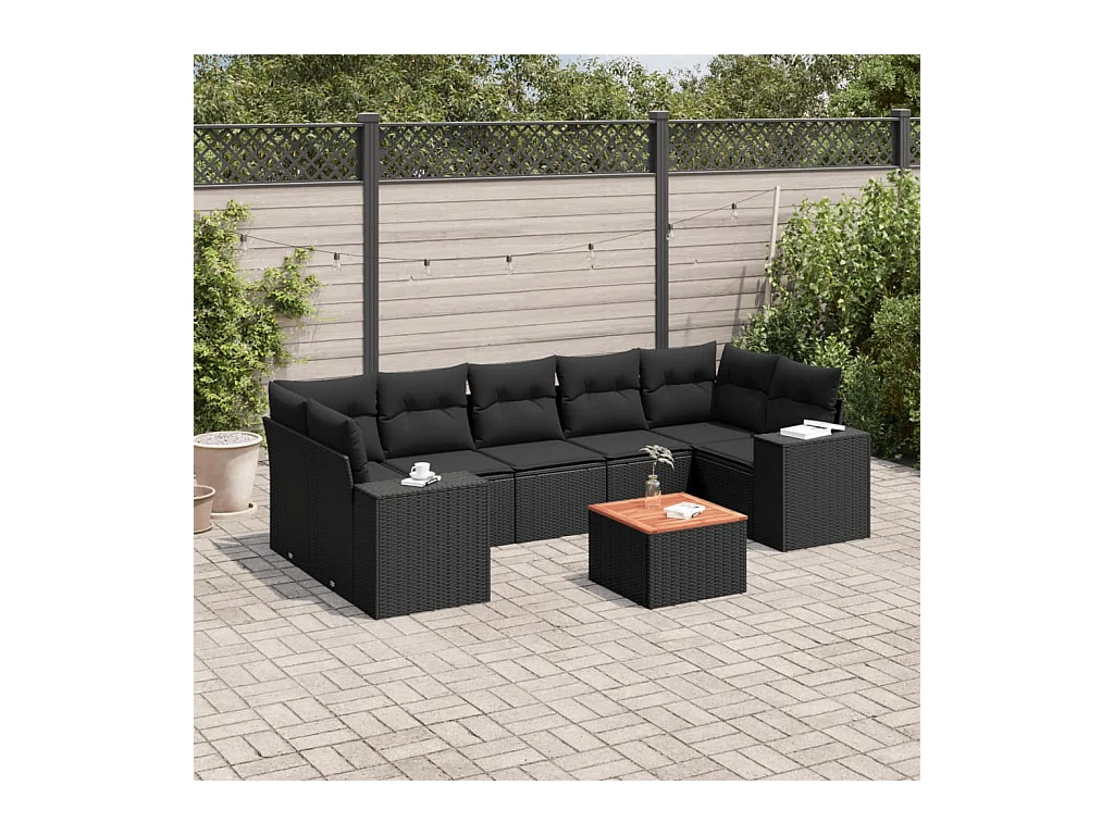 Salon de jardin 8 pcs avec coussins noir résine tressée