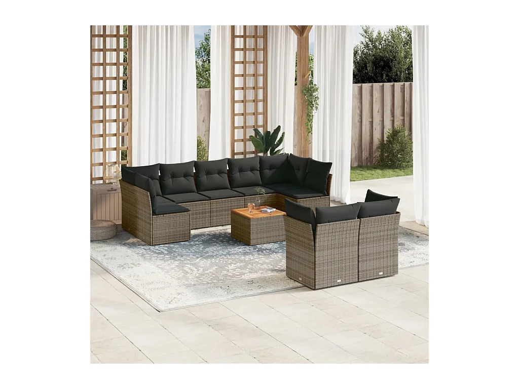 Salon de jardin avec coussins 10 pcs gris résine tressée