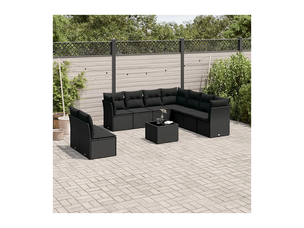 10-delige Loungeset met kussens poly rattan zwart