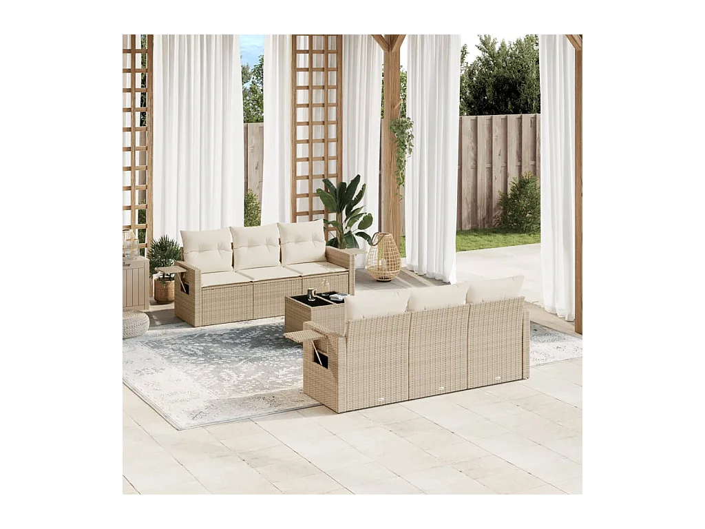 7-delige Loungeset met kussens poly rattan beige