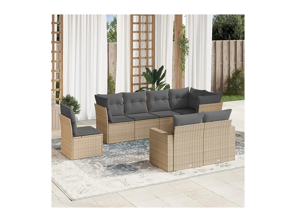 8-delige Loungeset met kussens poly rattan beige