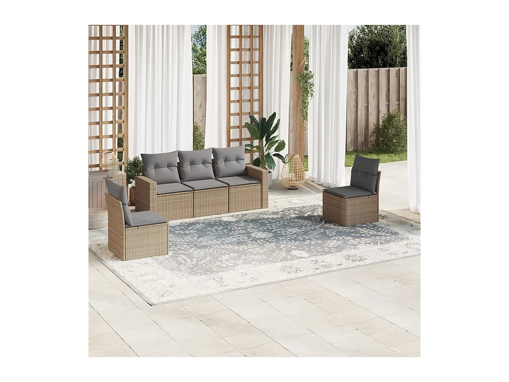 5-delige Loungeset met kussens poly rattan beige
