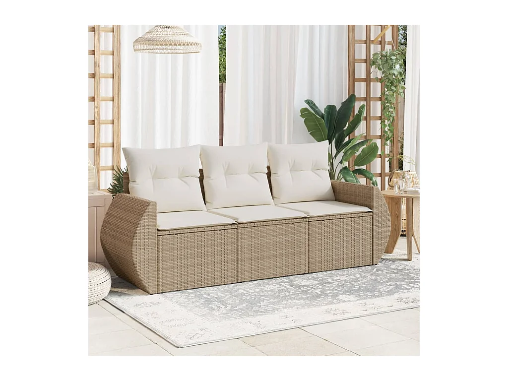3-tlg. Garten-Sofagarnitur mit Kissen Beige Poly Rattan