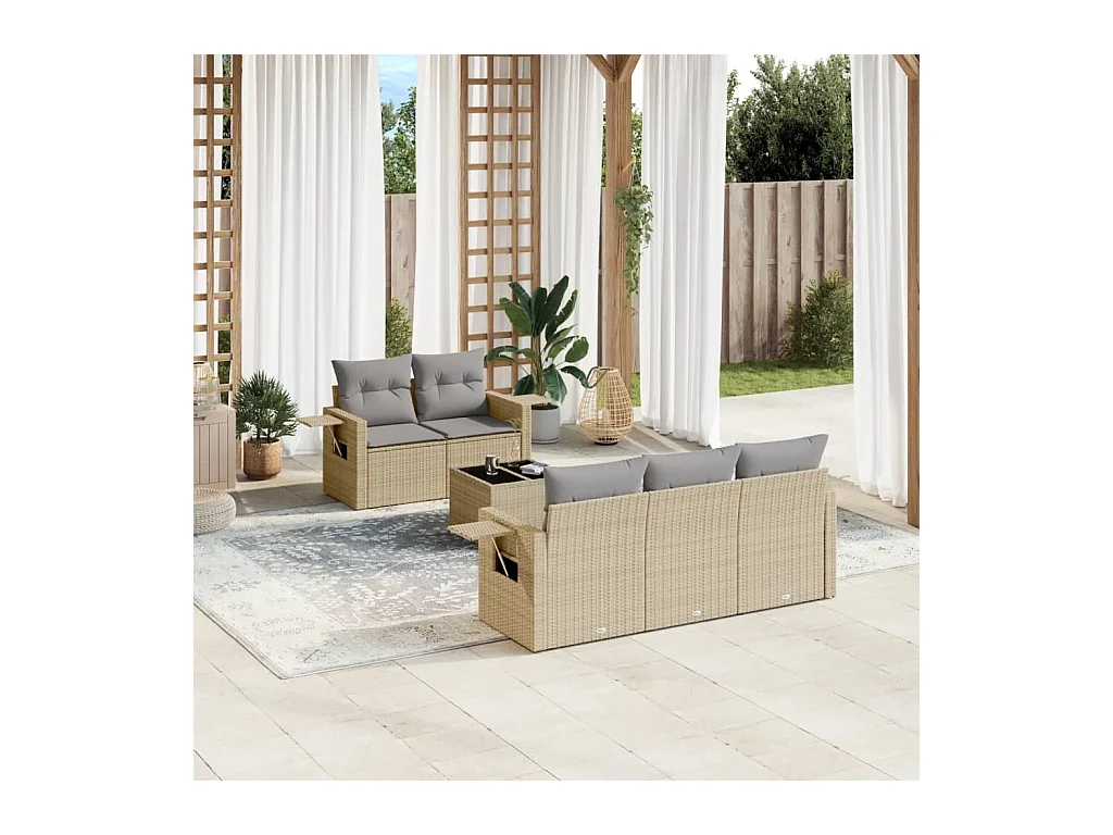 6-delige Loungeset met kussens poly rattan beige