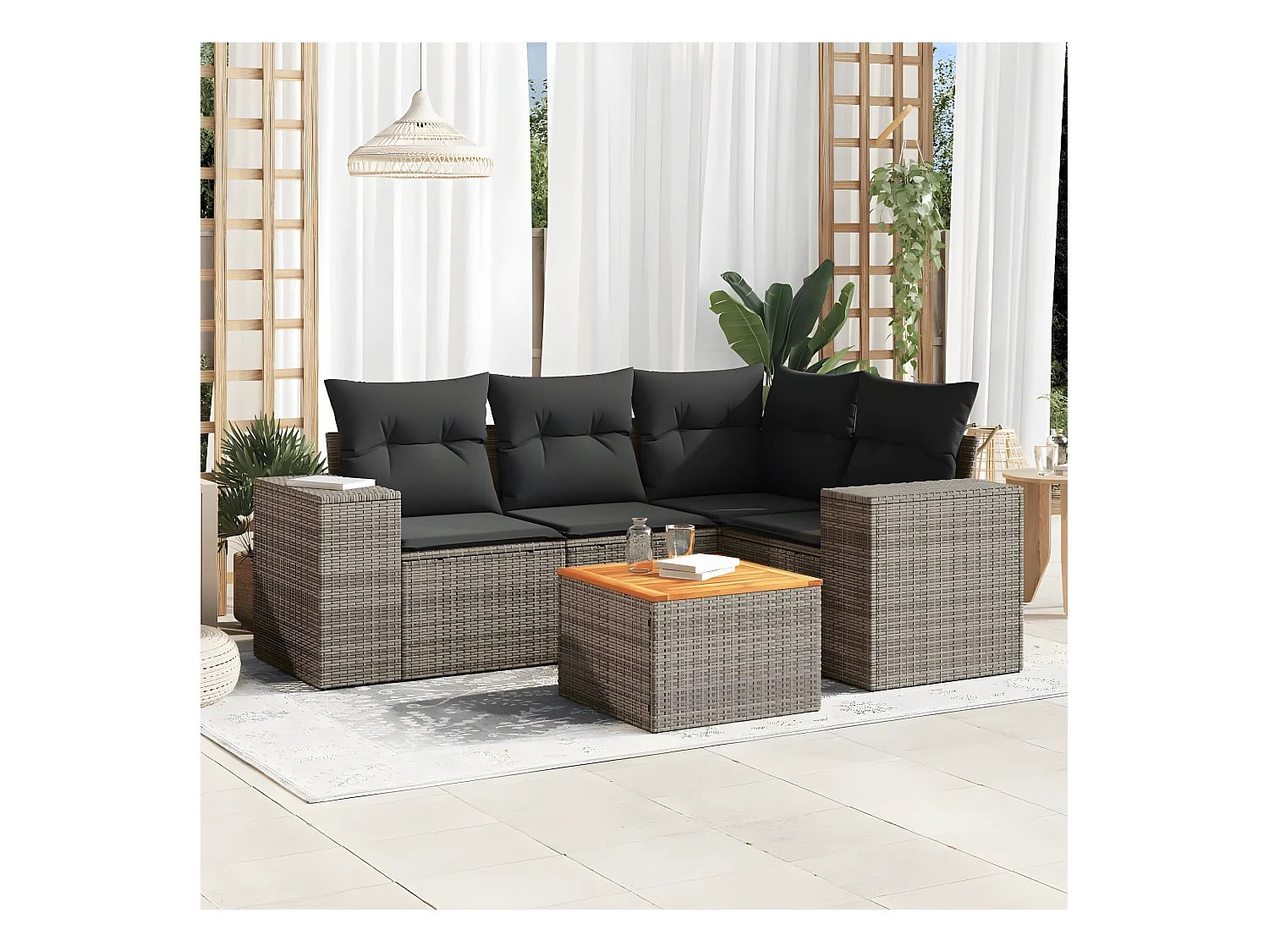 Salon de jardin 5 pcs avec coussins gris résine tressée