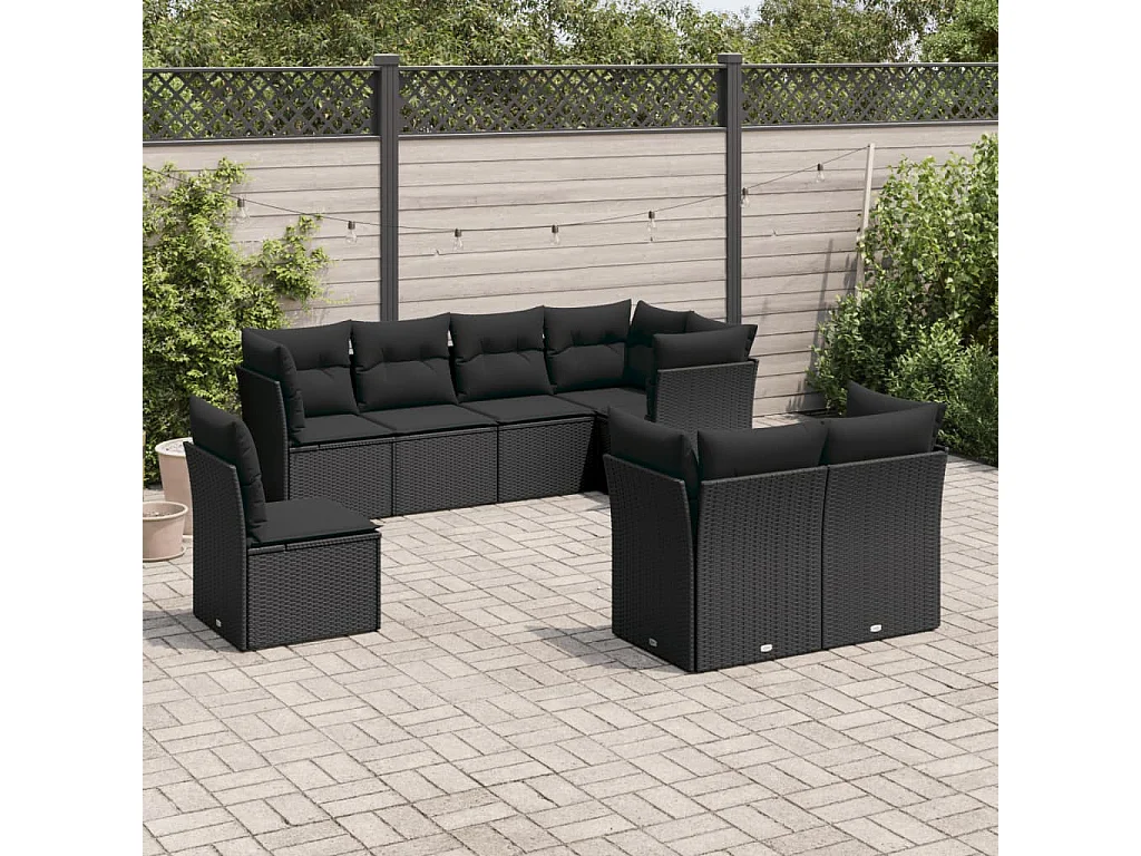 Salon de jardin 8 pcs avec coussins noir résine tressée