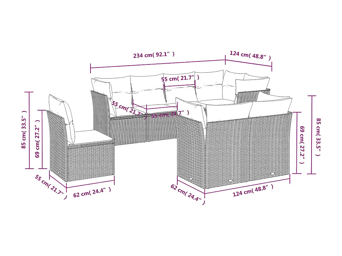 Salon de jardin 8 pcs avec coussins noir résine tressée