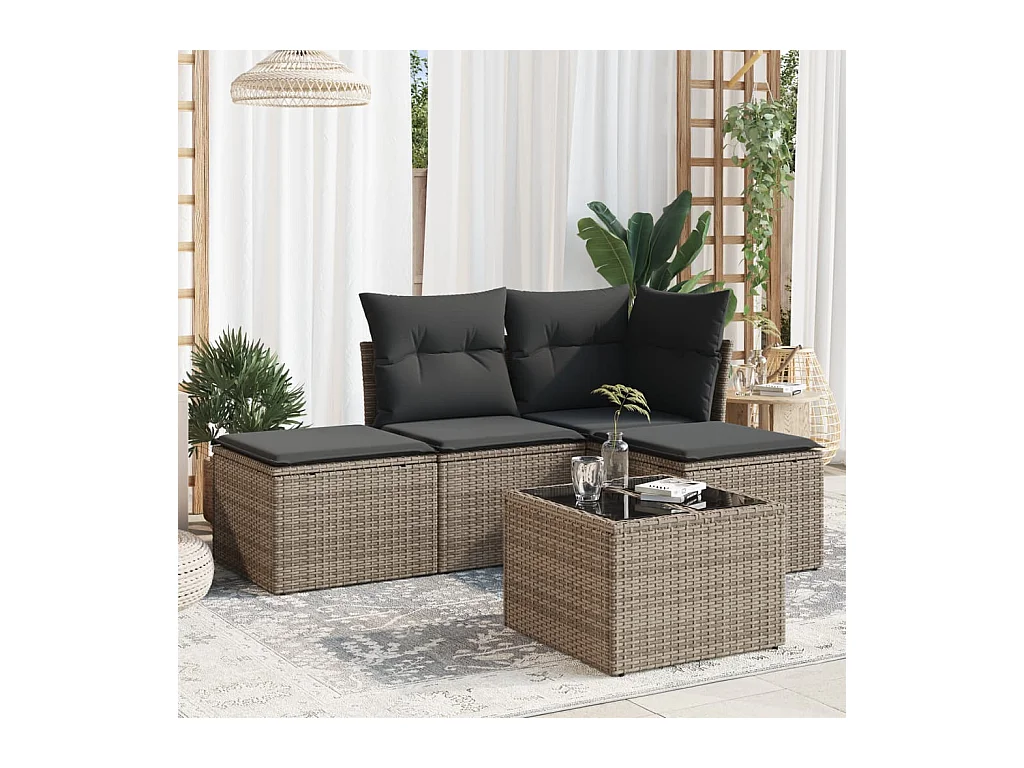 Salon de jardin 5 pcs avec coussins gris résine tressée