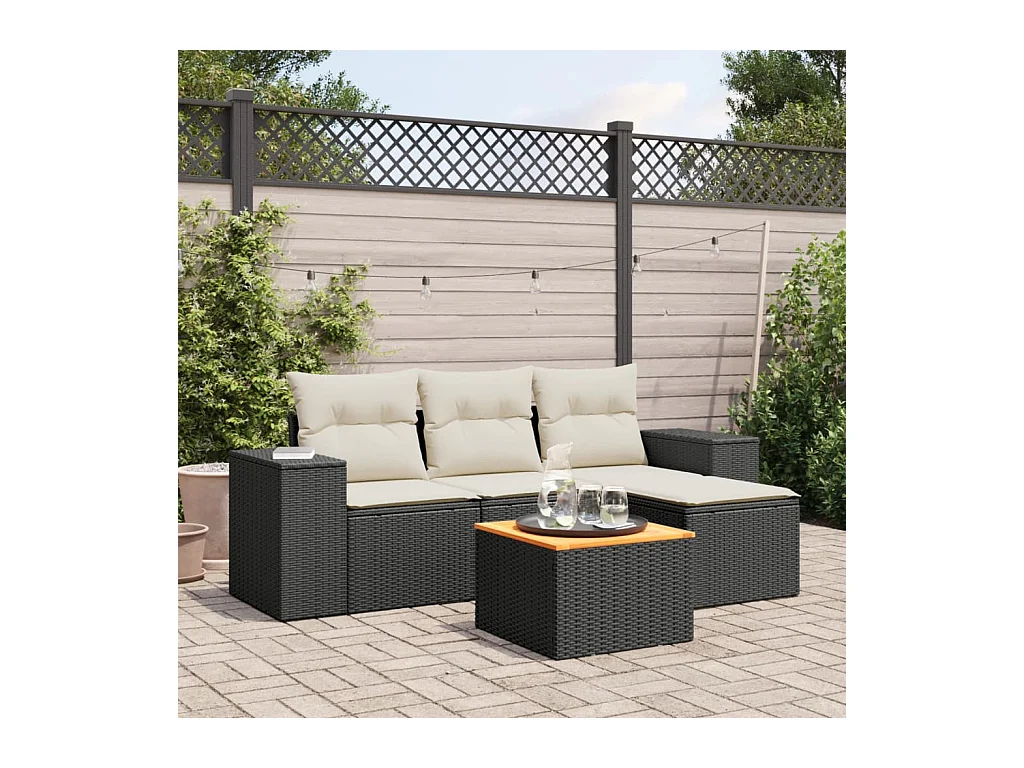 Salon de jardin 5 pcs avec coussins noir résine tressée