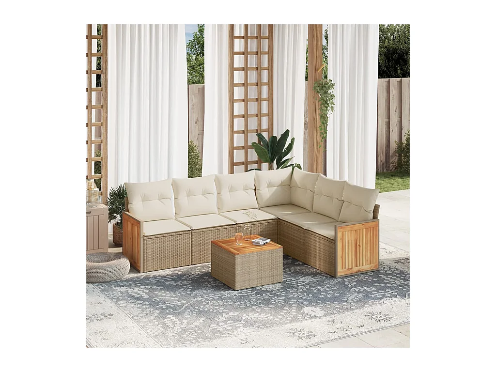 Salon de jardin avec coussins 7 pcs beige résine tressée