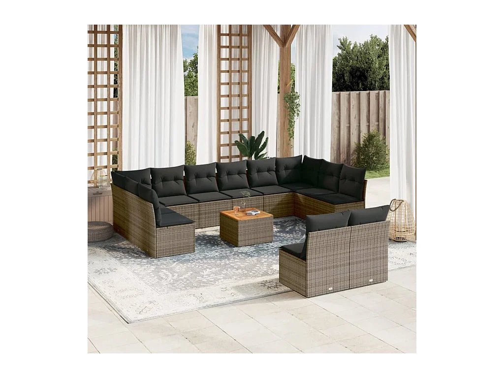 13-tlg. Garten-Sofagarnitur mit Kissen Grau Poly Rattan