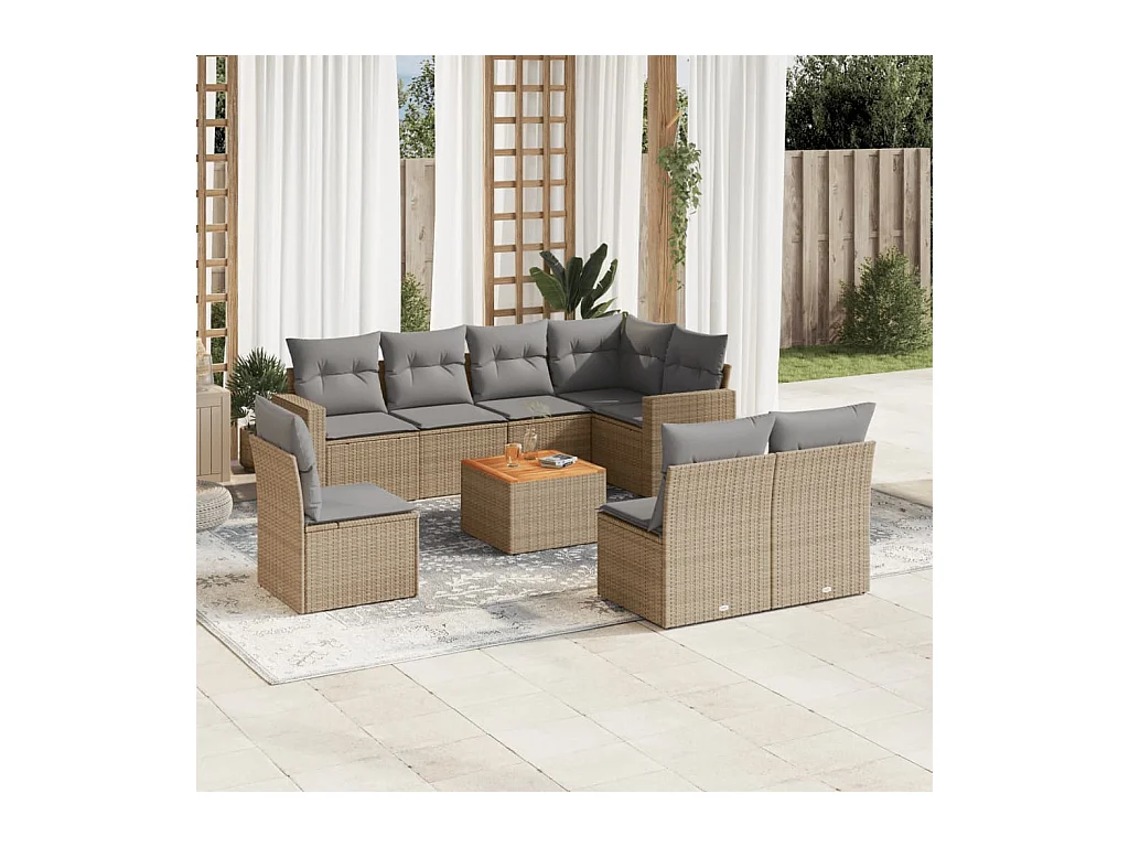 Salon de jardin avec coussins 9 pcs beige résine tressée
