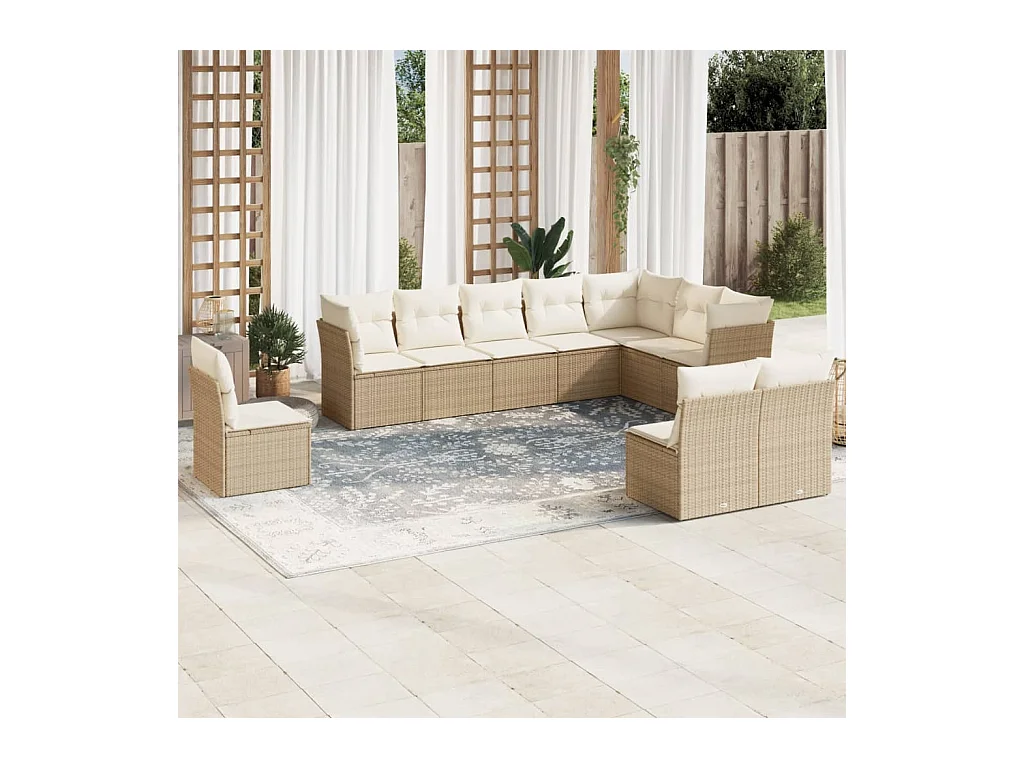 Salon de jardin avec coussins 10 pcs beige résine tressée