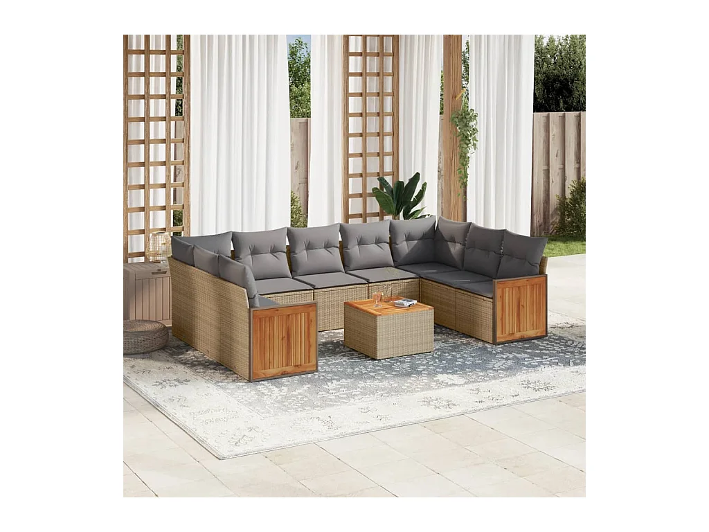 10-delige Loungeset met kussens poly rattan beige
