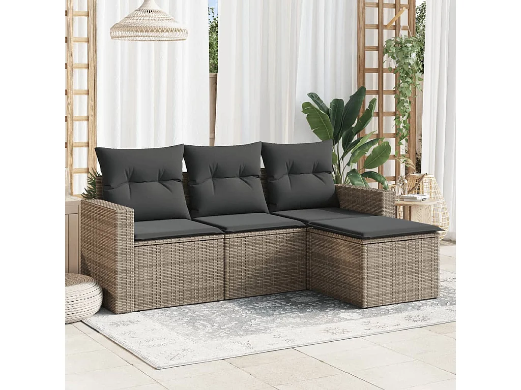 Salon de jardin 4 pcs avec coussins gris résine tressée