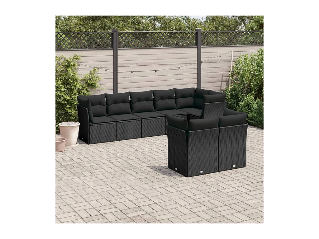 Salon de jardin 8 pcs avec coussins noir résine tressée