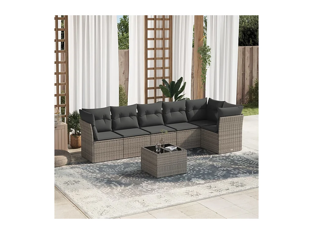 7-delige Loungeset met kussens poly rattan grijs