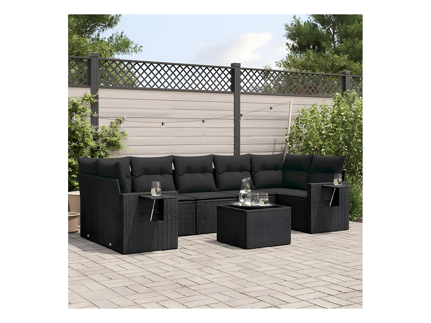 8-delige Loungeset met kussens poly rattan zwart