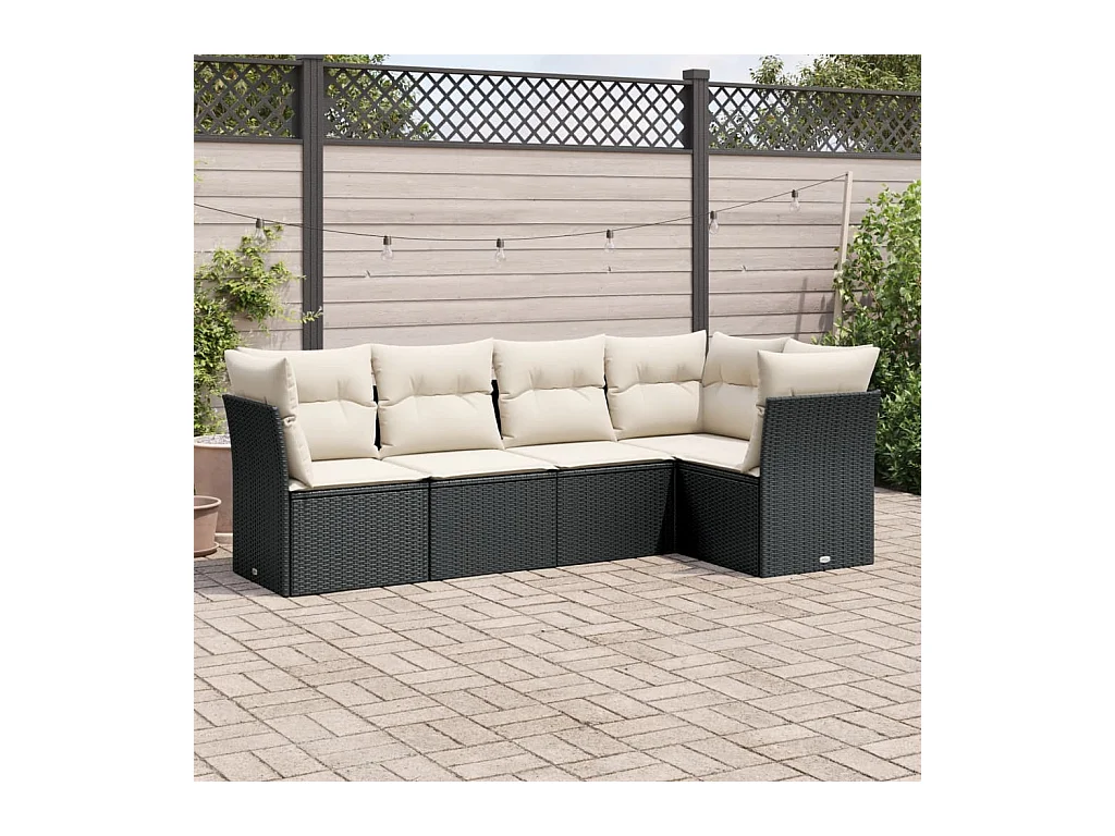 5-delige Loungeset met kussens poly rattan zwart
