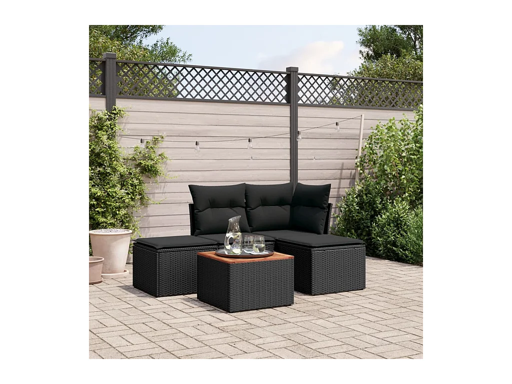 Salon de jardin 5 pcs avec coussins noir résine tressée