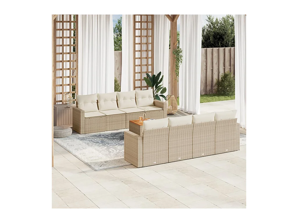 Set Divano da Giardino 9 pz con Cuscini Beige in Polyrattan