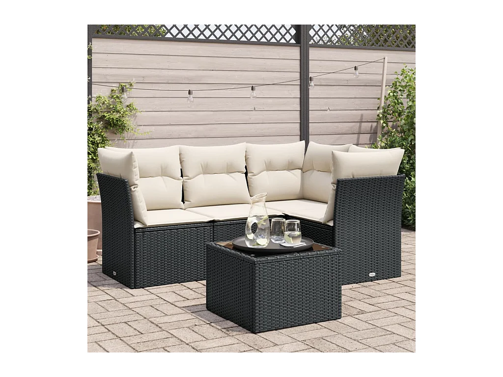 5-delige Loungeset met kussens poly rattan zwart