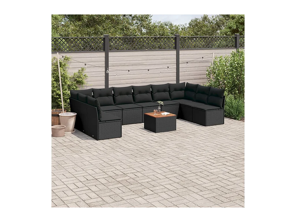 Salon de jardin 11 pcs avec coussins noir résine tressée