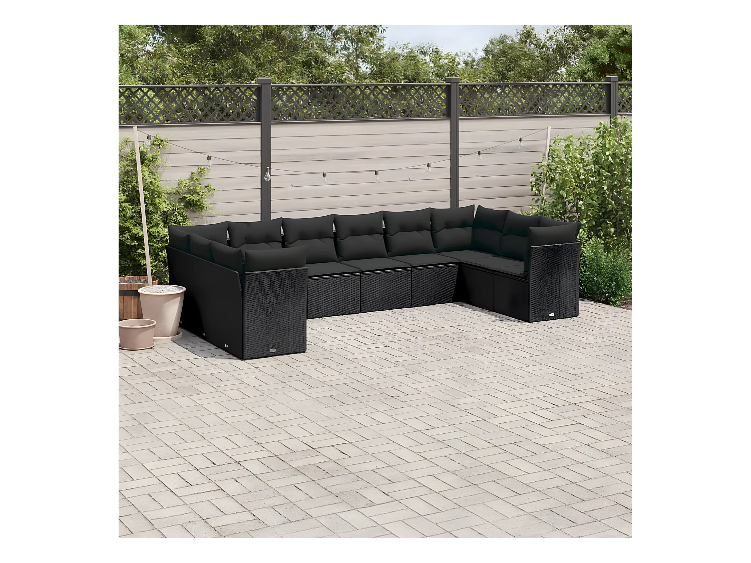 10-delige Loungeset met kussens poly rattan zwart