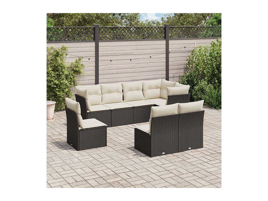 Salon de jardin 8 pcs avec coussins noir résine tressée