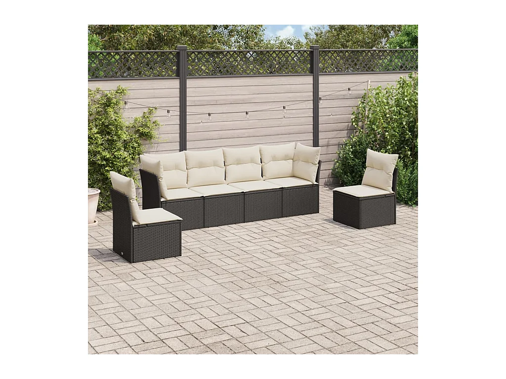 6-delige Loungeset met kussens poly rattan zwart