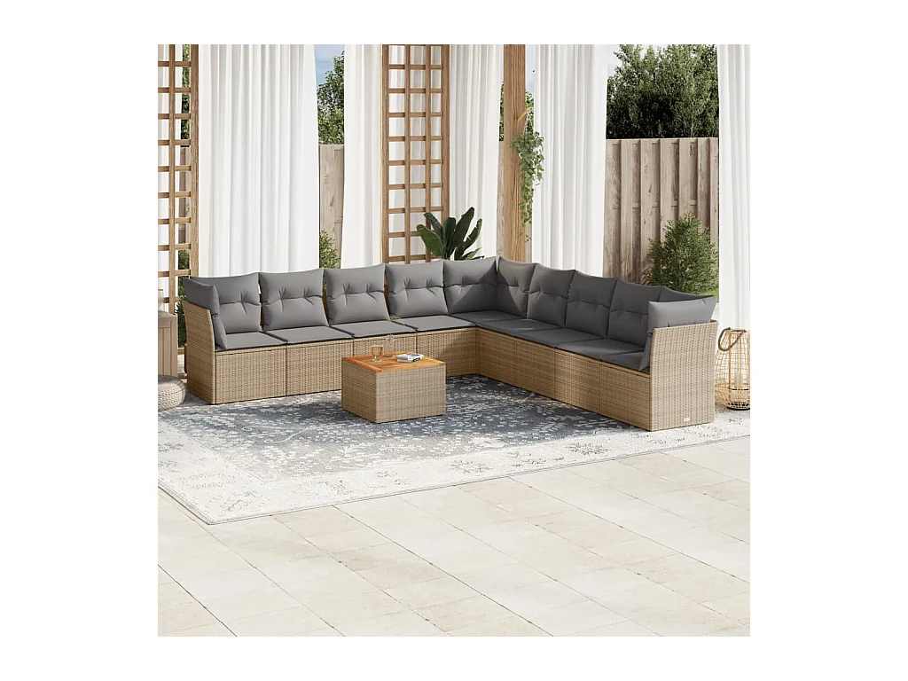 10-delige Loungeset met kussens poly rattan beige