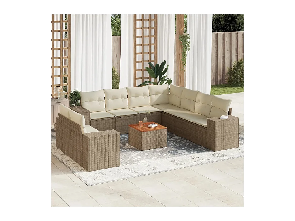 Salon de jardin avec coussins 10 pcs beige résine tressée