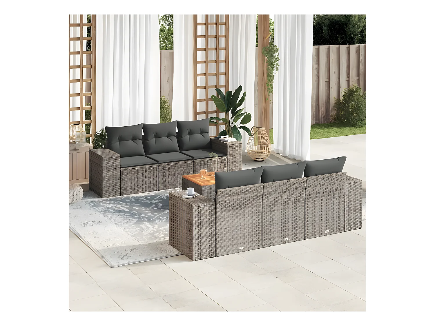 Salon de jardin avec coussins 7 pcs gris résine tressée