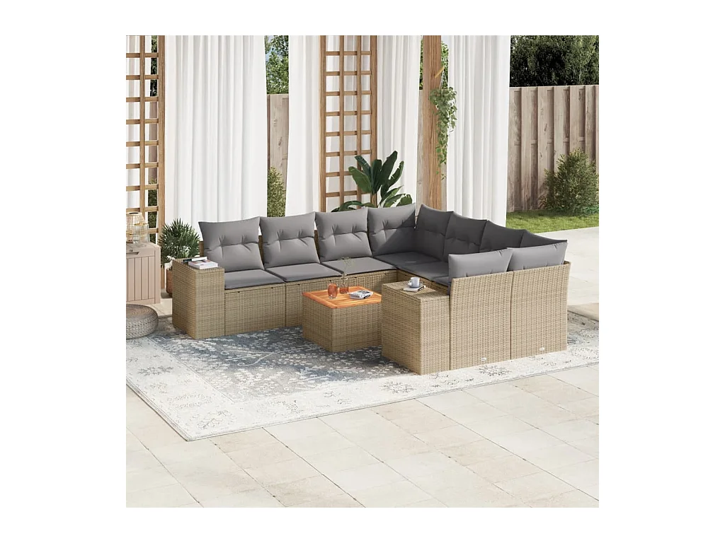Salon de jardin avec coussins 9 pcs beige résine tressée
