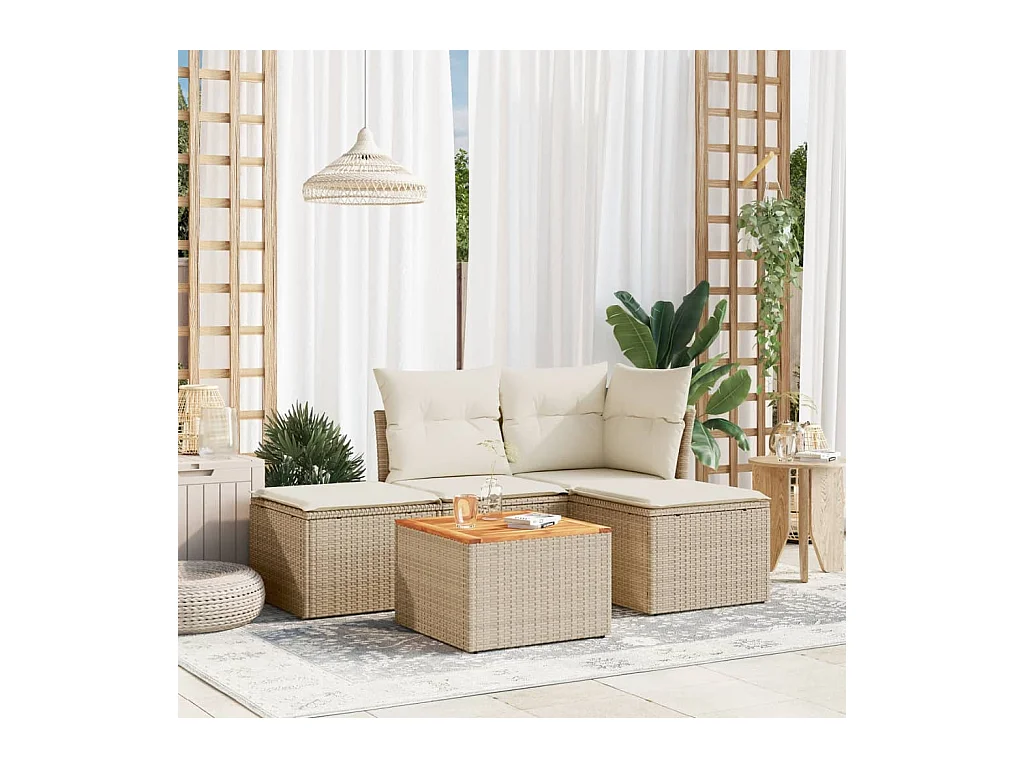 5-tlg. Garten-Sofagarnitur mit Kissen Beige Poly Rattan