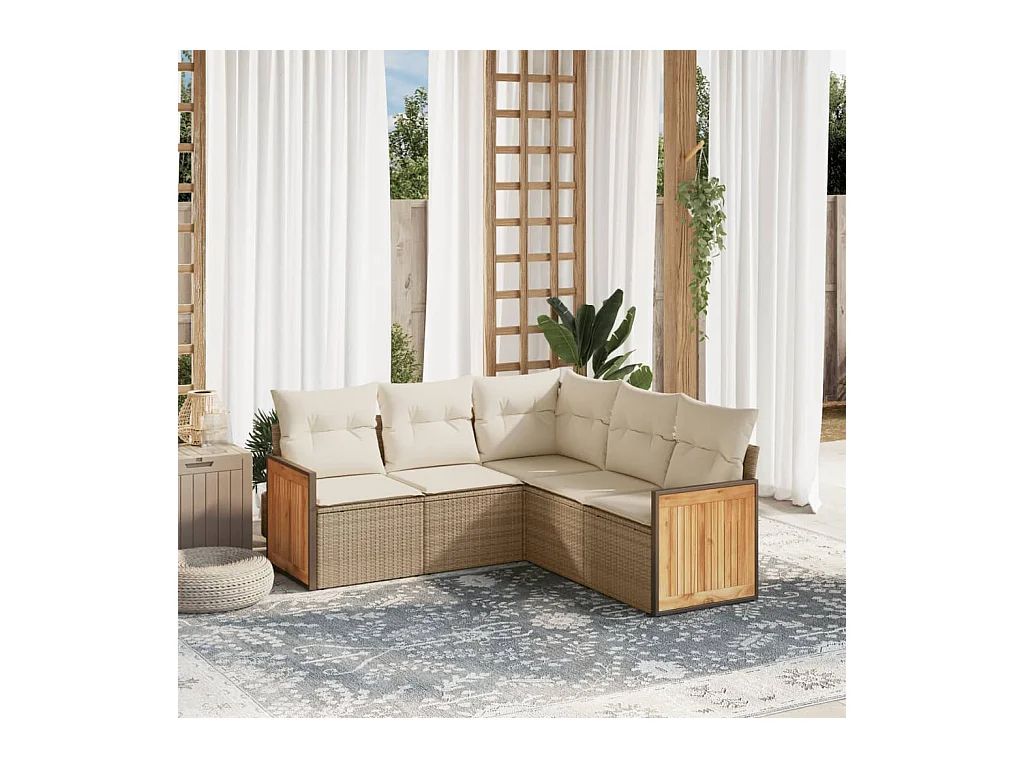 Set Divano da Giardino 5 pz con Cuscini Beige in Polyrattan