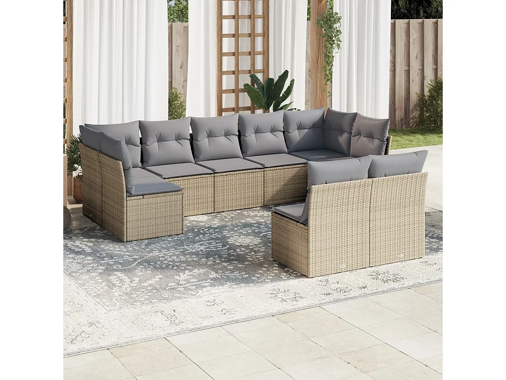 Set Divano da Giardino 9 pz con Cuscini Beige in Polyrattan