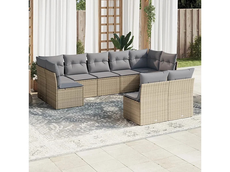 Set Divano da Giardino 9 pz con Cuscini Beige in Polyrattan