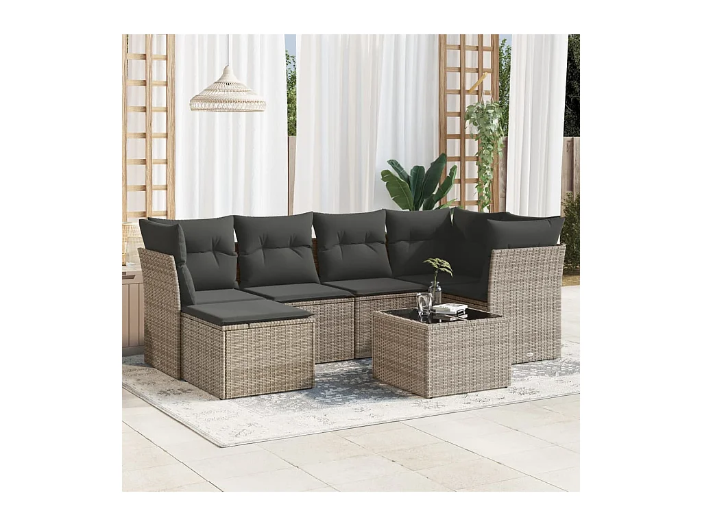 7-delige Loungeset met kussens poly rattan grijs