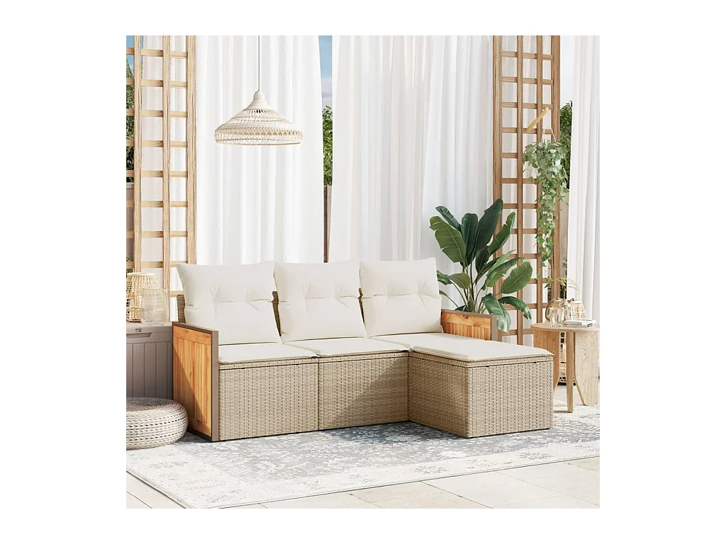 Salon de jardin avec coussins 4 pcs beige résine tressée