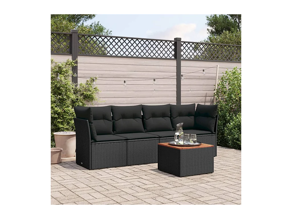 5-delige Loungeset met kussens poly rattan zwart