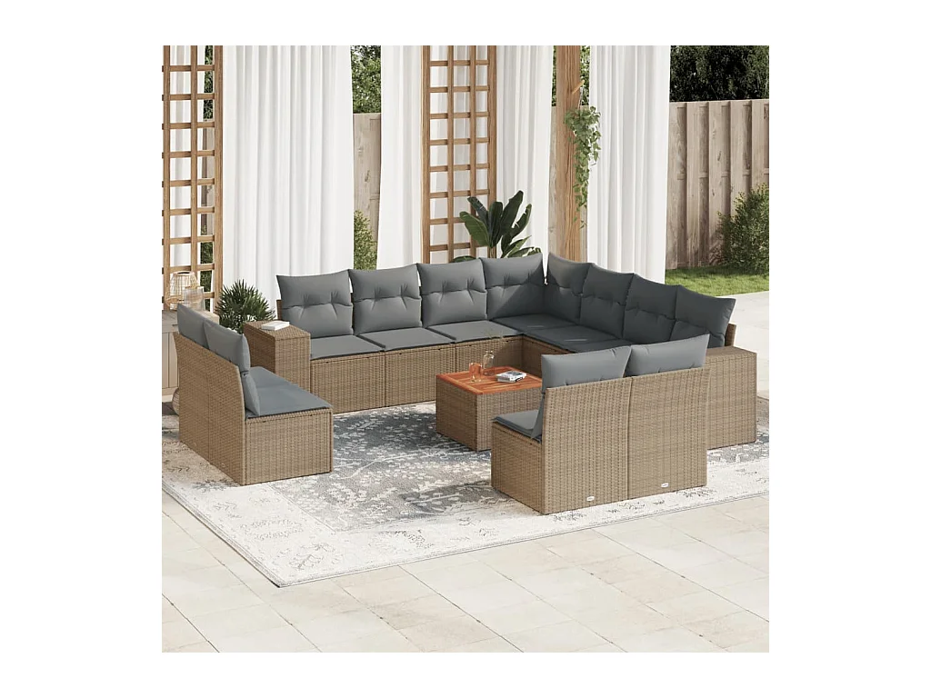 12-tlg. Garten-Sofagarnitur mit Kissen Beige Poly Rattan