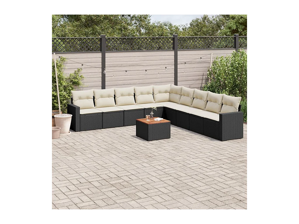 10-delige Loungeset met kussens poly rattan zwart
