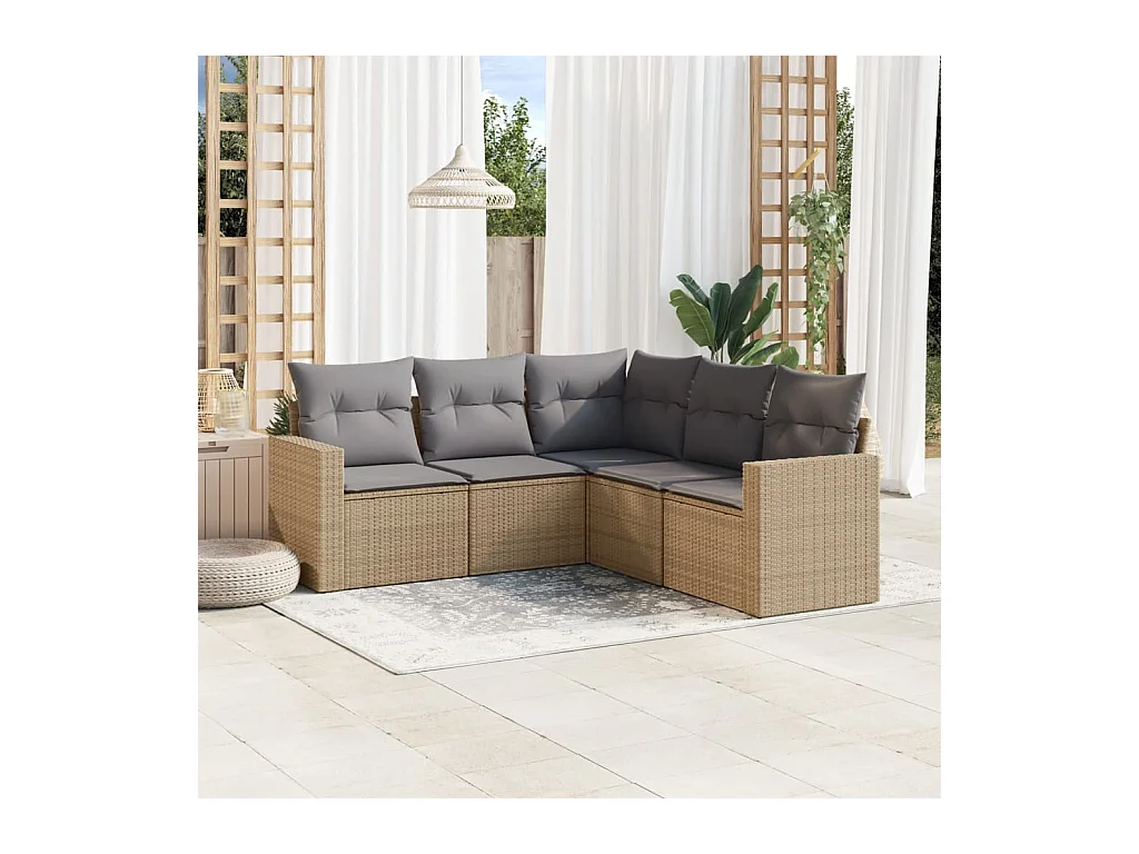 Set Divano da Giardino 5 pz con Cuscini Beige in Polyrattan