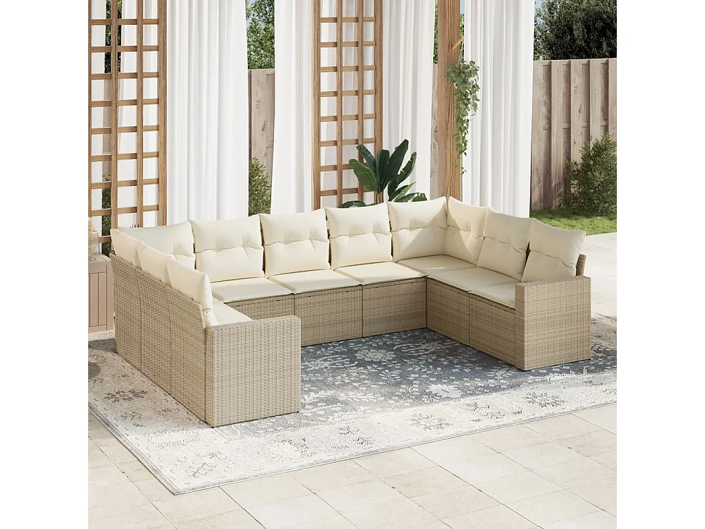 9-tlg. Garten-Sofagarnitur mit Kissen Beige Poly Rattan