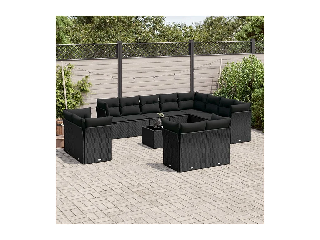 Salon de jardin avec coussins 13 pcs noir résine tressée