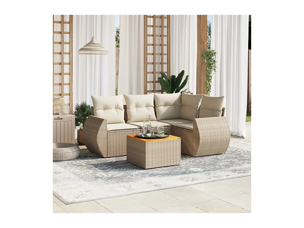 Salon de jardin avec coussins 5 pcs beige résine tressée