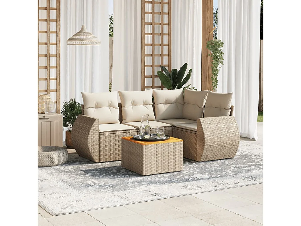 5-delige Loungeset met kussens poly rattan beige