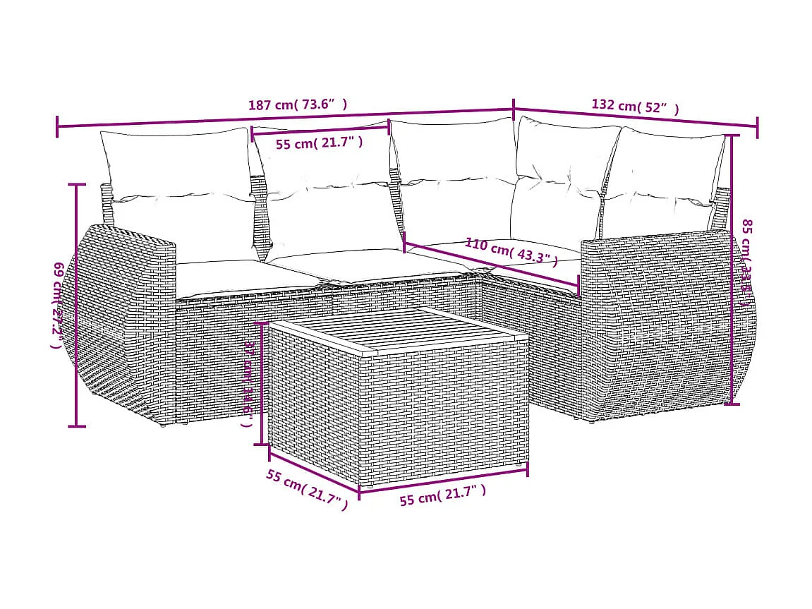 5-delige Loungeset met kussens poly rattan beige